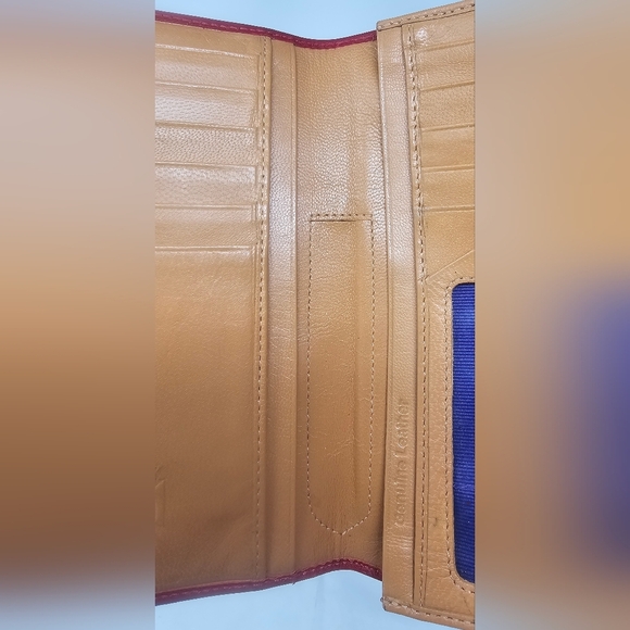 Tusk Classic Long Slim Red Leather Bifold Wallet Purple Tan Interior Credit Card - Picture 12 of 16